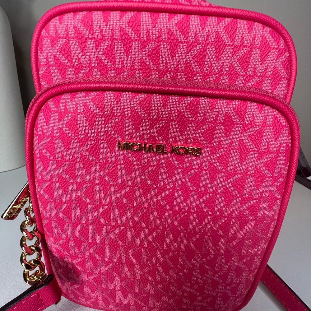 Michael Kors Jet Set Travel Medium Signature Logo Crossbody Bag Electric Pink - Picture 6 of 11